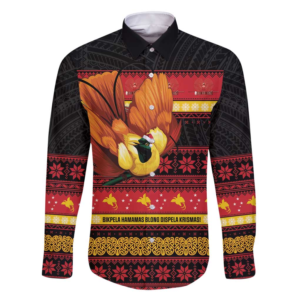 Papua New Guinea Christmas Family Matching Summer Maxi Dress and Hawaiian Shirt Bikpela hamamas blong dispela Krismas LT14 Dad's Shirt - Long Sleeve Red - Polynesian Pride