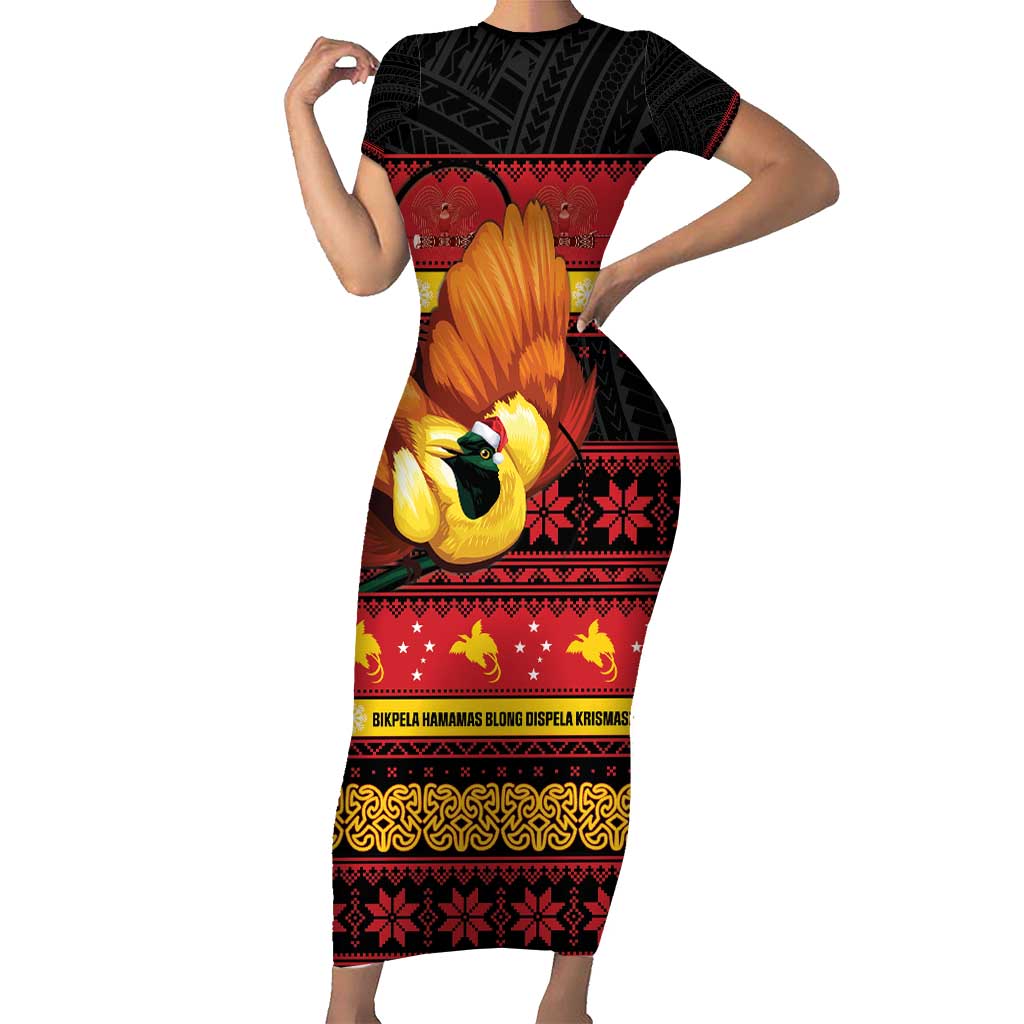 Papua New Guinea Christmas Short Sleeve Bodycon Dress Bikpela hamamas blong dispela Krismas LT14 Long Dress Red - Polynesian Pride