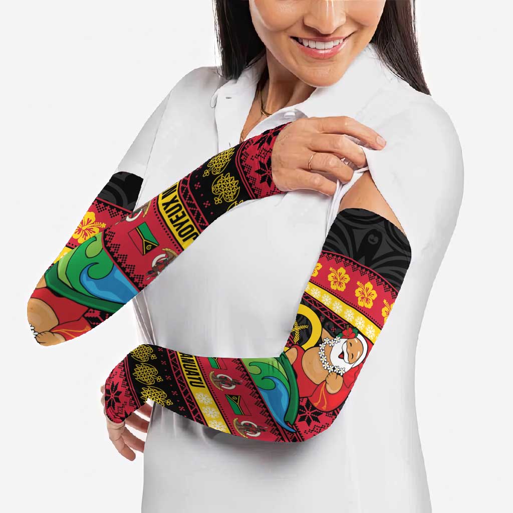 Vanuatu Christmas Arm Sleeves Joyeux Noel Surfing Santa With Boar Tusk - Polynesian Pride