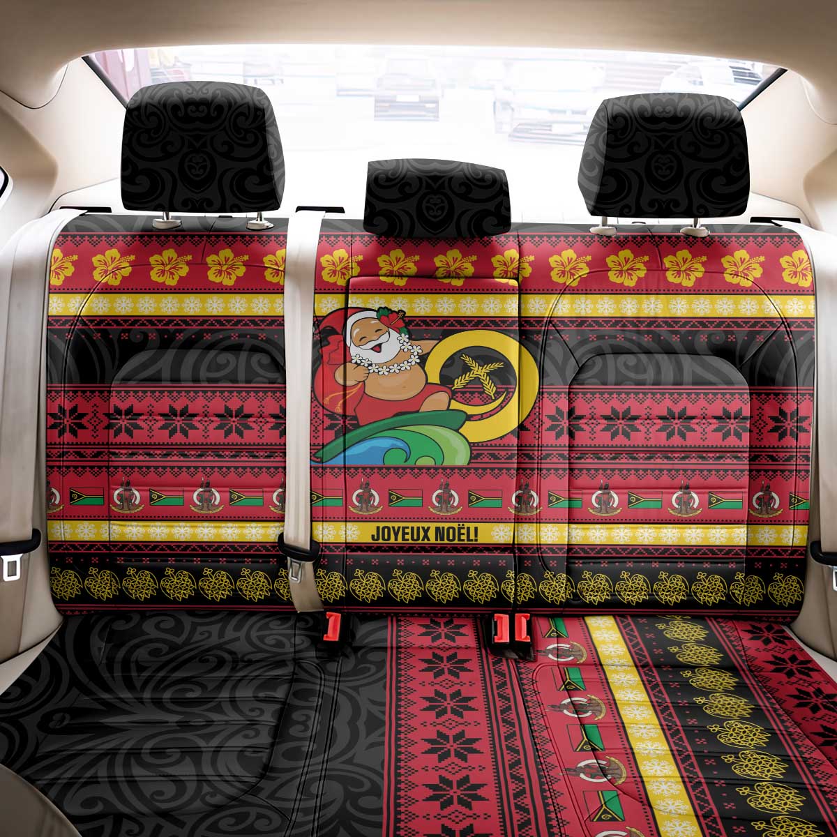Vanuatu Christmas Back Car Seat Cover Joyeux Noel Surfing Santa With Boar Tusk - Polynesian Pride