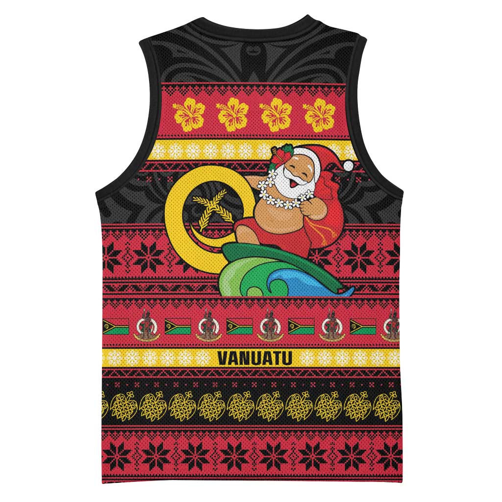 Vanuatu Christmas Basketball Jersey Joyeux Noel Surfing Santa With Boar Tusk - Polynesian Pride