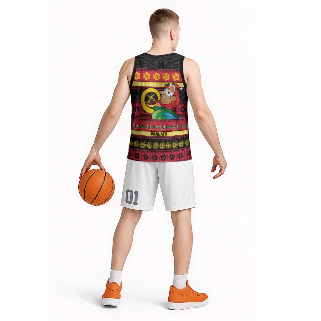 Vanuatu Christmas Basketball Jersey Joyeux Noel Surfing Santa With Boar Tusk - Polynesian Pride