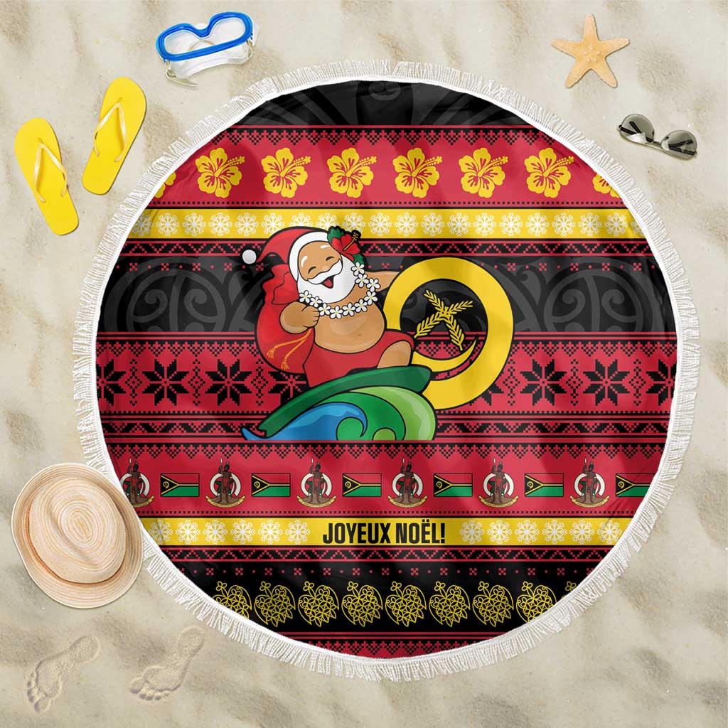 Vanuatu Christmas Beach Blanket Joyeux Noel Surfing Santa With Boar Tusk - Polynesian Pride