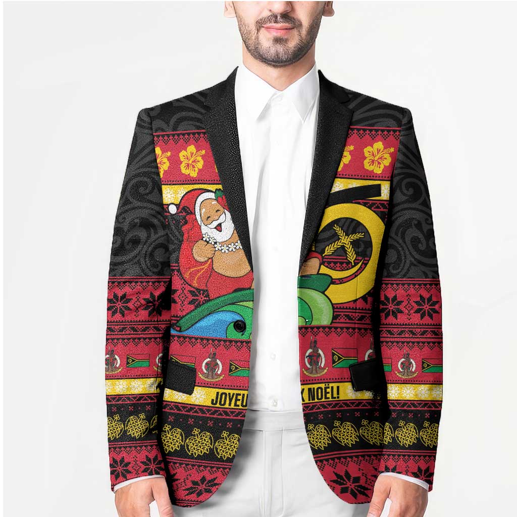 Vanuatu Christmas Blazer Joyeux Noel Surfing Santa With Boar Tusk - Polynesian Pride