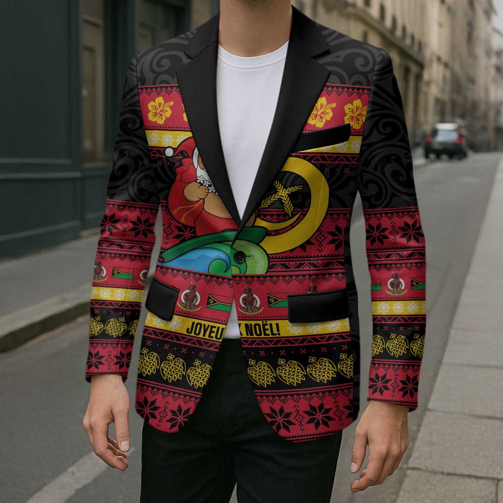 Vanuatu Christmas Blazer Joyeux Noel Surfing Santa With Boar Tusk - Polynesian Pride