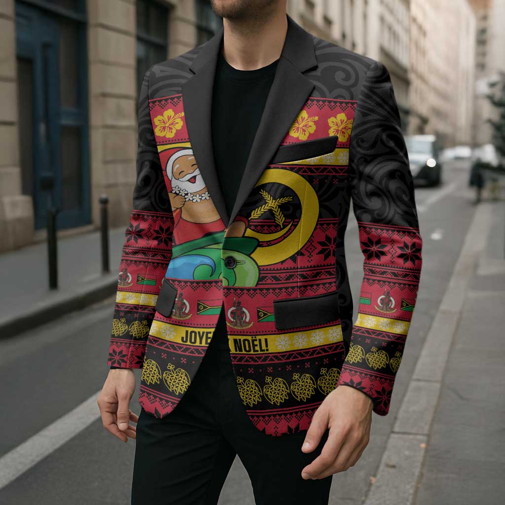 Vanuatu Christmas Blazer Joyeux Noel Surfing Santa With Boar Tusk - Polynesian Pride