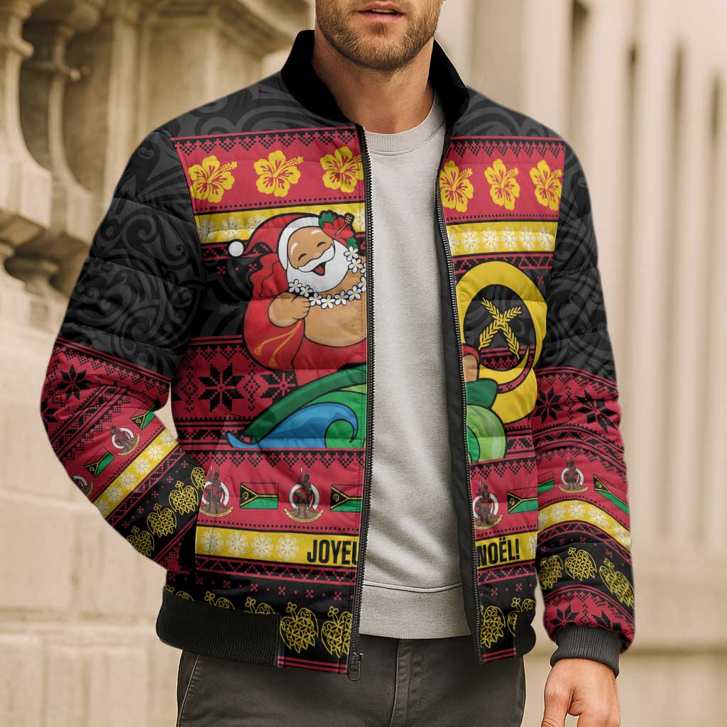 Vanuatu Christmas Bomber Puffer Jacket Joyeux Noel Surfing Santa With Boar Tusk - Polynesian Pride