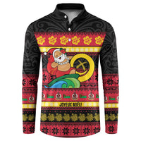 Vanuatu Christmas Button Sweatshirt Joyeux Noel Surfing Santa With Boar Tusk - Polynesian Pride