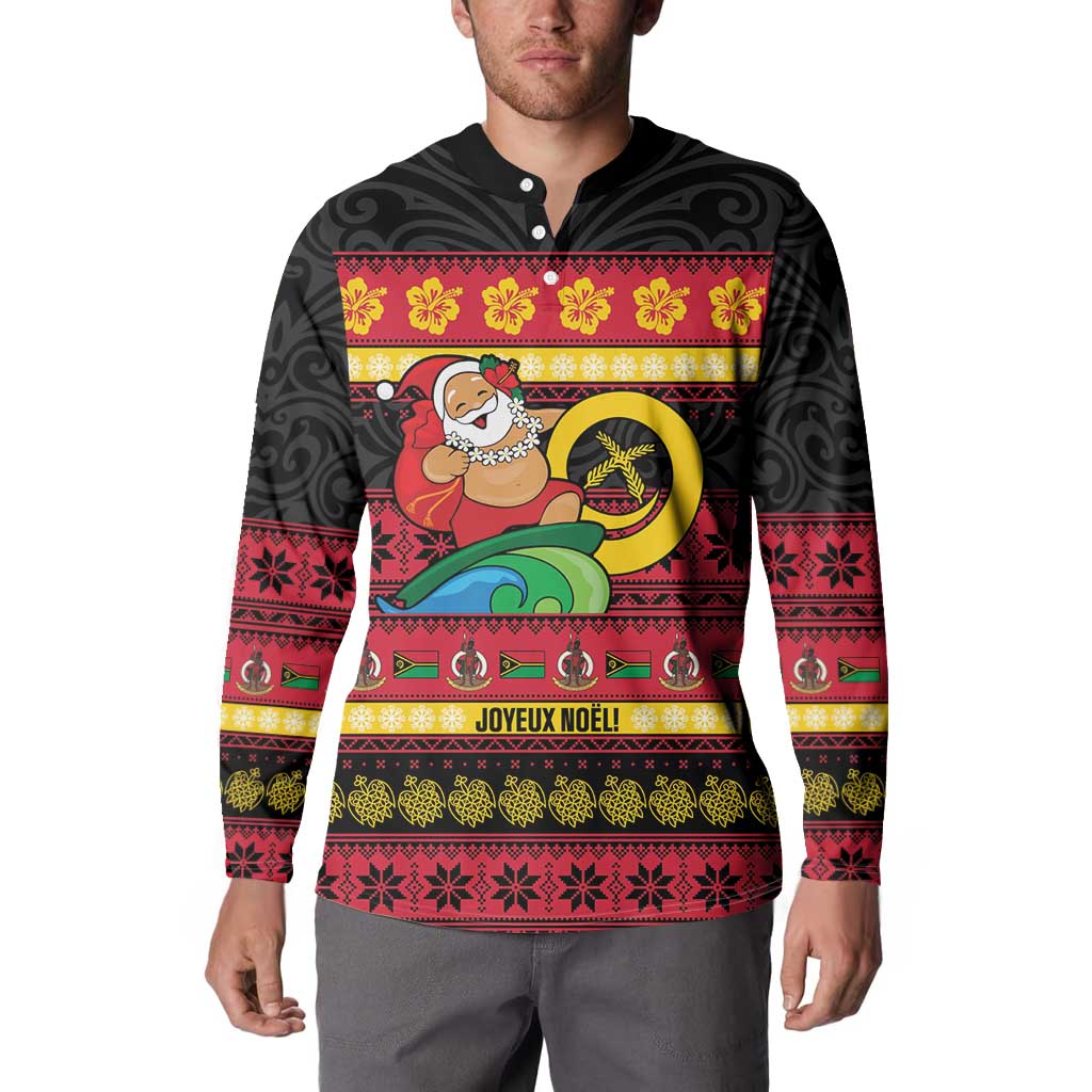Vanuatu Christmas Button Sweatshirt Joyeux Noel Surfing Santa With Boar Tusk - Polynesian Pride