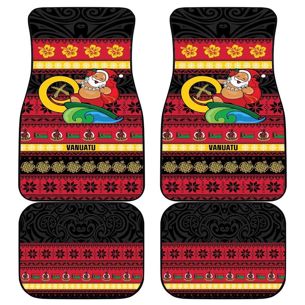 Vanuatu Christmas Car Mats Joyeux Noel Surfing Santa With Boar Tusk - Polynesian Pride