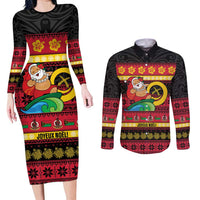 Vanuatu Christmas Couples Matching Long Sleeve Bodycon Dress and Long Sleeve Button Shirt Joyeux Noel Surfing Santa With Boar Tusk - Polynesian Pride