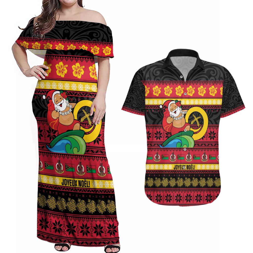 Vanuatu Christmas Couples Matching Off Shoulder Maxi Dress and Hawaiian Shirt Joyeux Noel Surfing Santa With Boar Tusk - Polynesian Pride