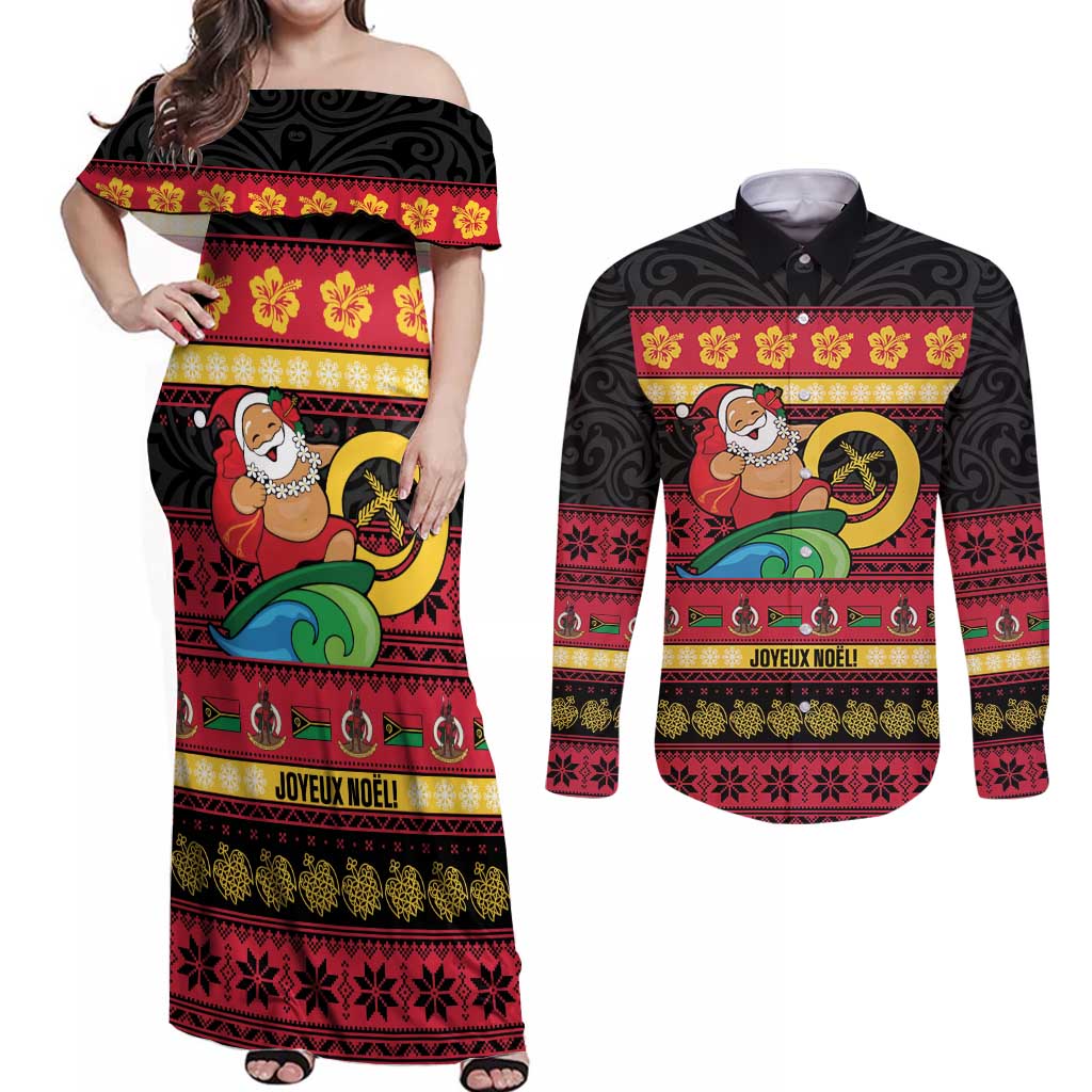 Vanuatu Christmas Couples Matching Off Shoulder Maxi Dress and Long Sleeve Button Shirt Joyeux Noel Surfing Santa With Boar Tusk - Polynesian Pride