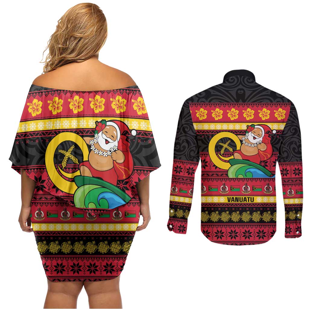Vanuatu Christmas Couples Matching Off Shoulder Short Dress and Long Sleeve Button Shirt Joyeux Noel Surfing Santa With Boar Tusk - Polynesian Pride