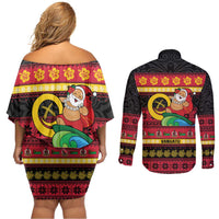 Vanuatu Christmas Couples Matching Off Shoulder Short Dress and Long Sleeve Button Shirt Joyeux Noel Surfing Santa With Boar Tusk - Polynesian Pride