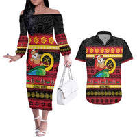 Vanuatu Christmas Couples Matching Off The Shoulder Long Sleeve Dress and Hawaiian Shirt Joyeux Noel Surfing Santa With Boar Tusk - Polynesian Pride