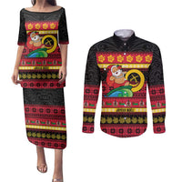 Vanuatu Christmas Couples Matching Puletasi and Long Sleeve Button Shirt Joyeux Noel Surfing Santa With Boar Tusk - Polynesian Pride
