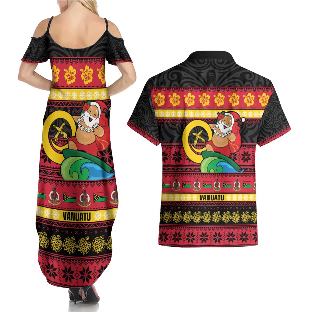 Vanuatu Christmas Couples Matching Summer Maxi Dress and Hawaiian Shirt Joyeux Noel Surfing Santa With Boar Tusk - Polynesian Pride