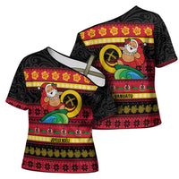 Vanuatu Christmas Cross Shoulder Shirt Joyeux Noel Surfing Santa With Boar Tusk - Polynesian Pride
