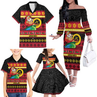 Vanuatu Christmas Family Matching Off The Shoulder Long Sleeve Dress and Hawaiian Shirt Joyeux Noel Surfing Santa With Boar Tusk - Polynesian Pride
