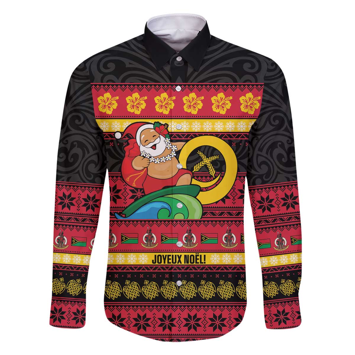 Vanuatu Christmas Family Matching Off The Shoulder Long Sleeve Dress and Hawaiian Shirt Joyeux Noel Surfing Santa With Boar Tusk - Polynesian Pride
