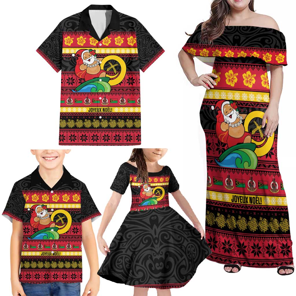 Vanuatu Christmas Family Matching Off Shoulder Maxi Dress and Hawaiian Shirt Joyeux Noel Surfing Santa With Boar Tusk - Polynesian Pride