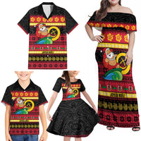 Vanuatu Christmas Family Matching Off Shoulder Maxi Dress and Hawaiian Shirt Joyeux Noel Surfing Santa With Boar Tusk - Polynesian Pride