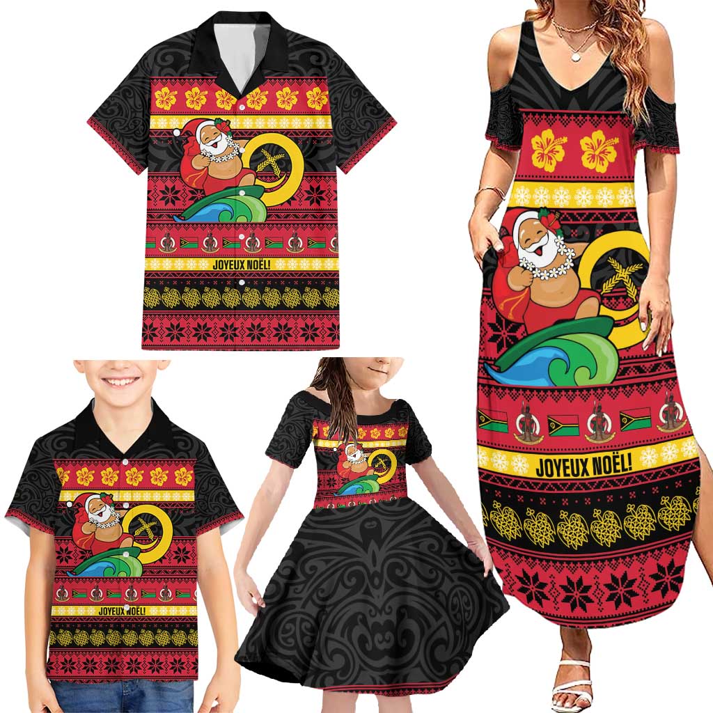 Vanuatu Christmas Family Matching Summer Maxi Dress and Hawaiian Shirt Joyeux Noel Surfing Santa With Boar Tusk - Polynesian Pride