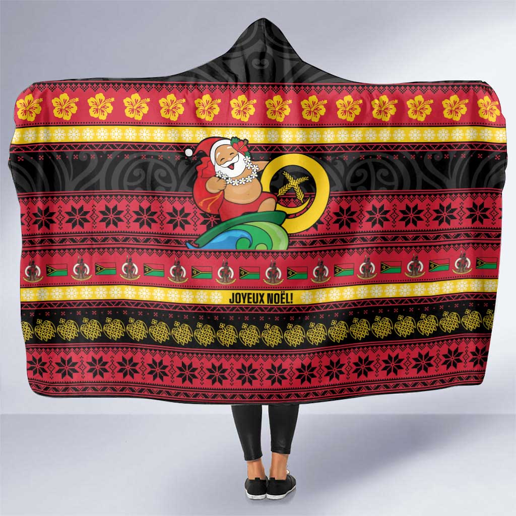 Vanuatu Christmas Hooded Blanket Joyeux Noel Surfing Santa With Boar Tusk - Polynesian Pride