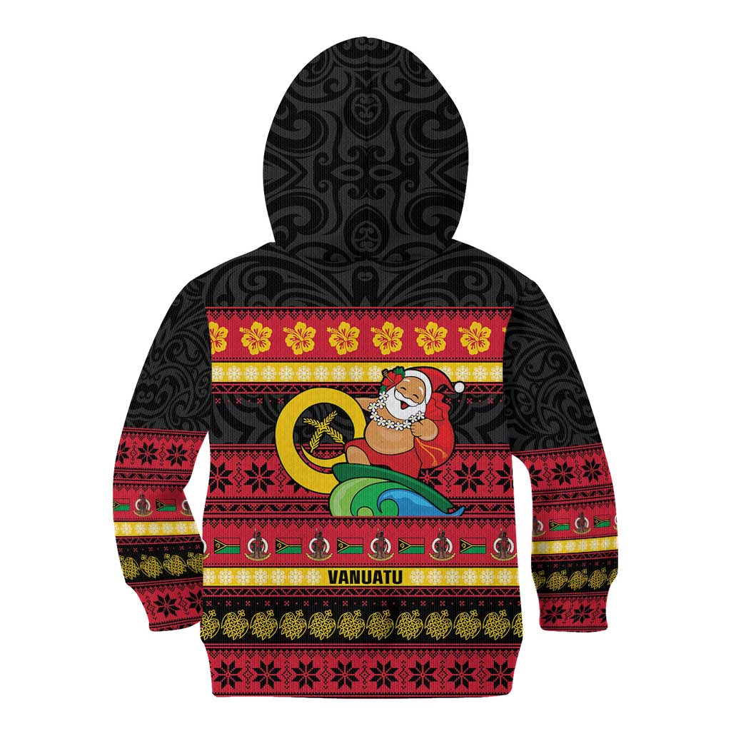 Vanuatu Christmas Kid Hoodie Joyeux Noel Surfing Santa With Boar Tusk - Polynesian Pride