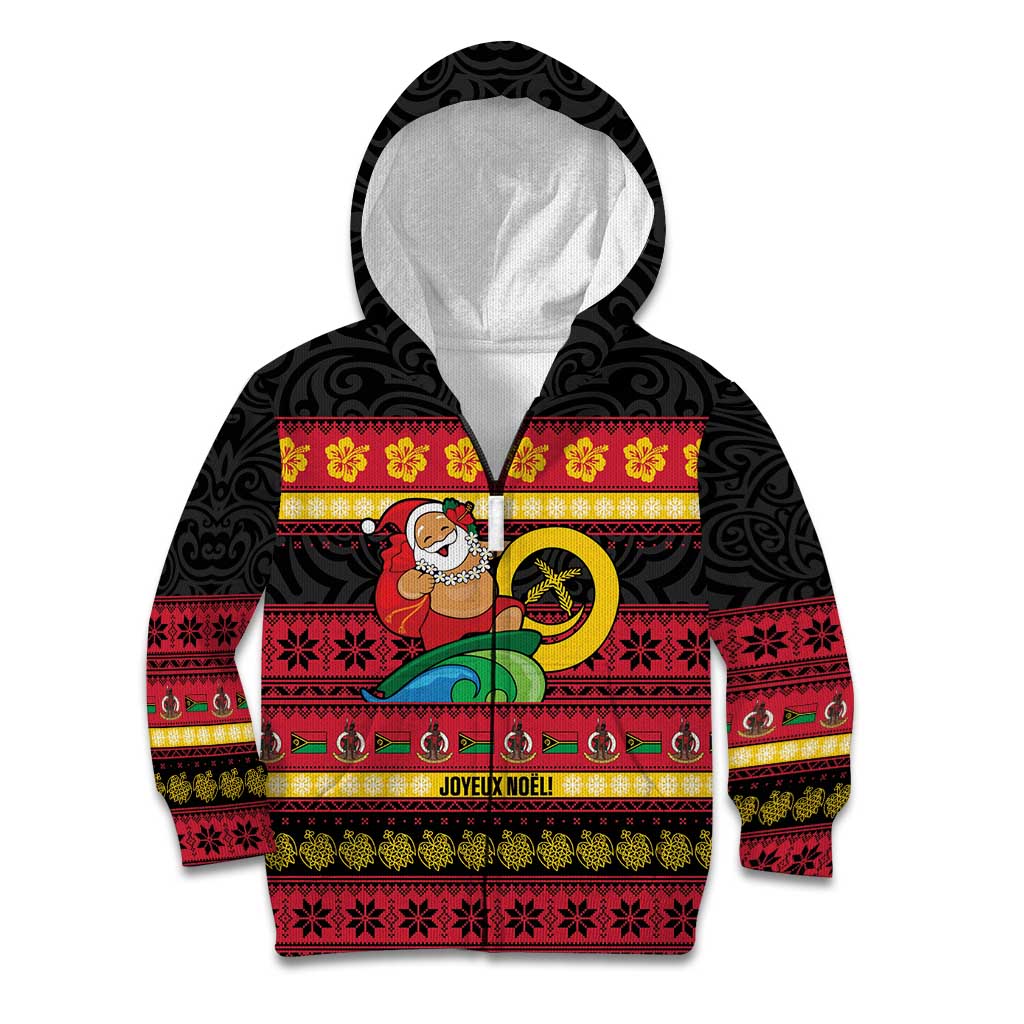 Vanuatu Christmas Kid Hoodie Joyeux Noel Surfing Santa With Boar Tusk - Polynesian Pride