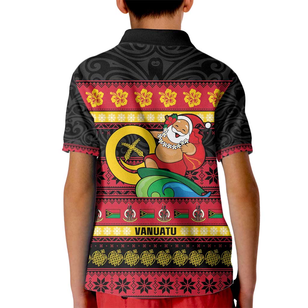 Vanuatu Christmas Kid Polo Shirt Joyeux Noel Surfing Santa With Boar Tusk - Polynesian Pride