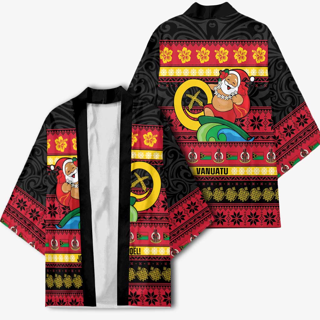 Vanuatu Christmas Kimono Joyeux Noel Surfing Santa With Boar Tusk - Polynesian Pride