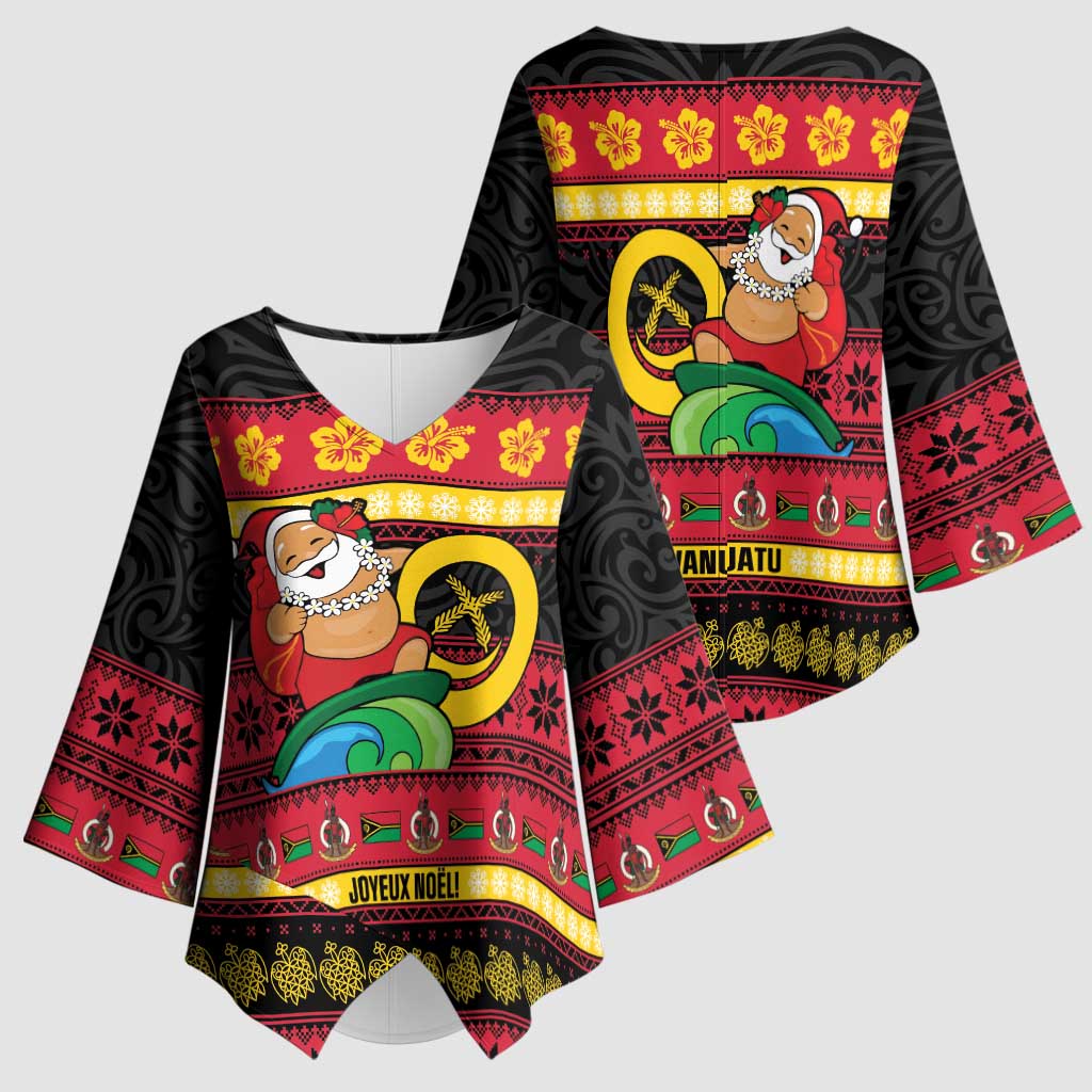 Vanuatu Christmas Kimono Sleeve Blouse Joyeux Noel Surfing Santa With Boar Tusk - Polynesian Pride