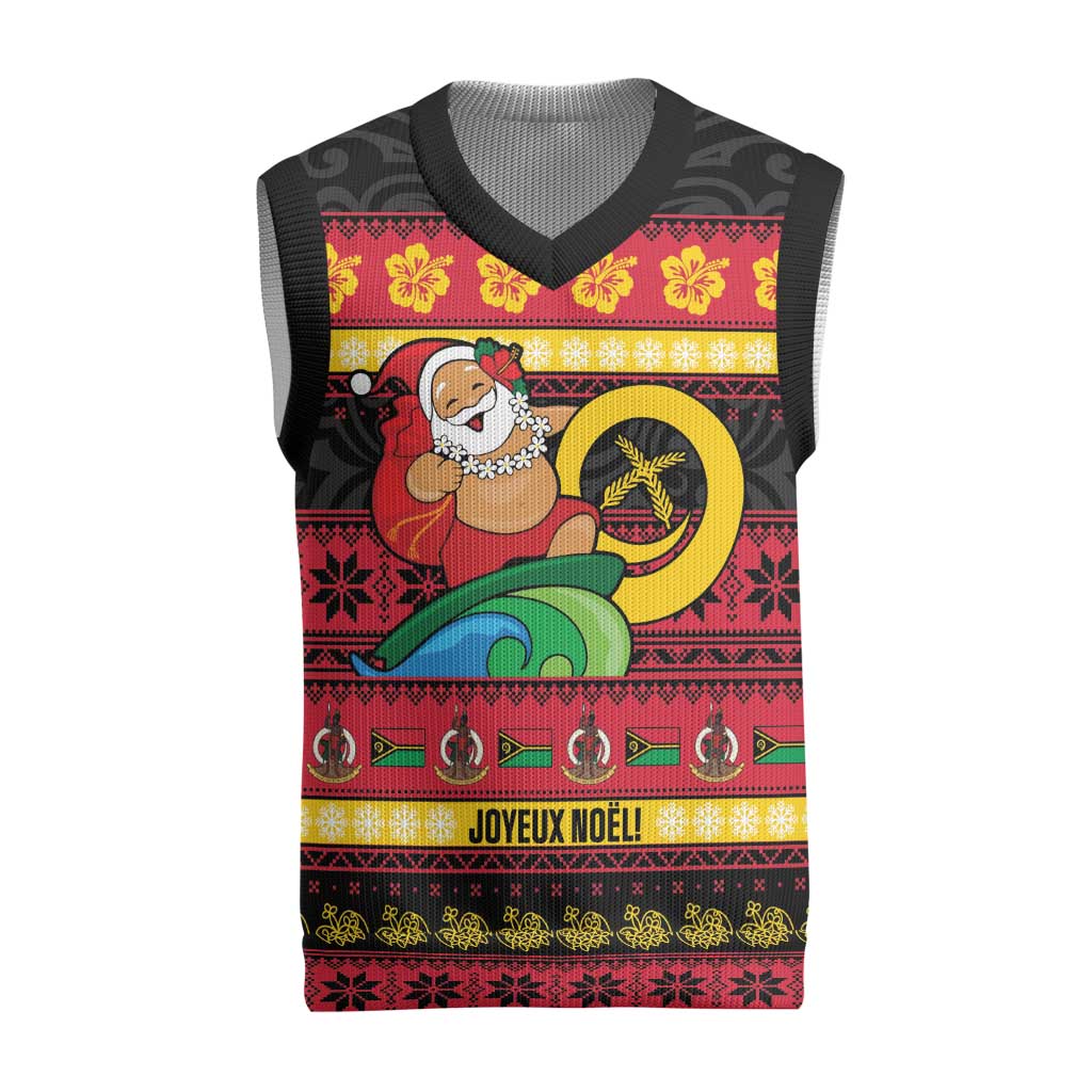 Vanuatu Christmas Knitted V-Neck Vest Joyeux Noel Surfing Santa With Boar Tusk - Polynesian Pride
