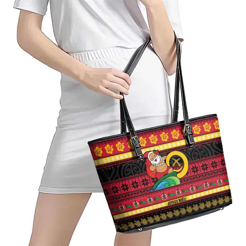 Vanuatu Christmas Leather Tote Bag Joyeux Noel Surfing Santa With Boar Tusk - Polynesian Pride
