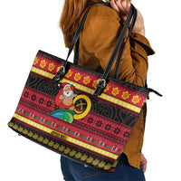 Vanuatu Christmas Leather Tote Bag Joyeux Noel Surfing Santa With Boar Tusk - Polynesian Pride