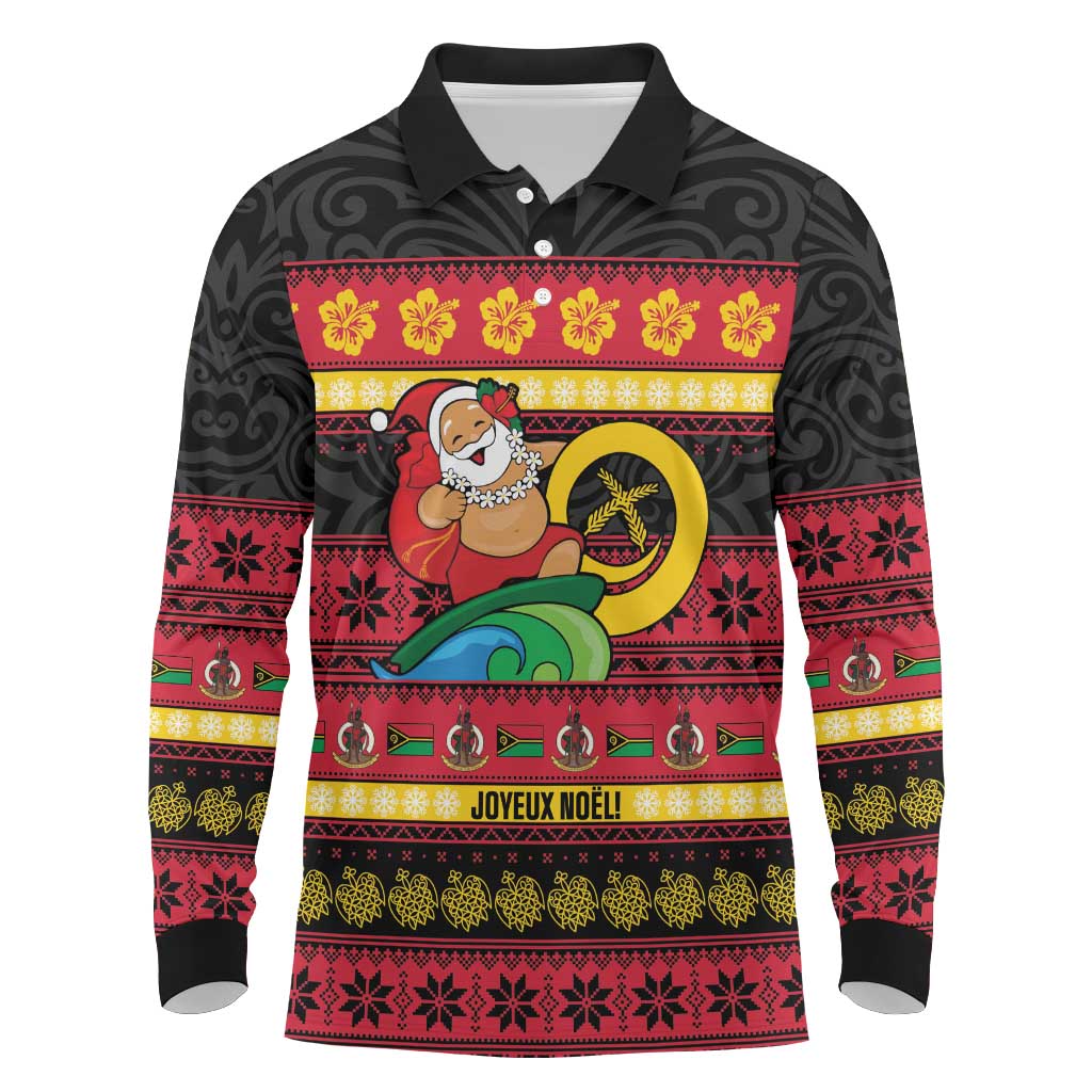 Vanuatu Christmas Long Sleeve Polo Shirt Joyeux Noel Surfing Santa With Boar Tusk - Polynesian Pride