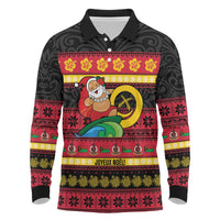 Vanuatu Christmas Long Sleeve Polo Shirt Joyeux Noel Surfing Santa With Boar Tusk - Polynesian Pride