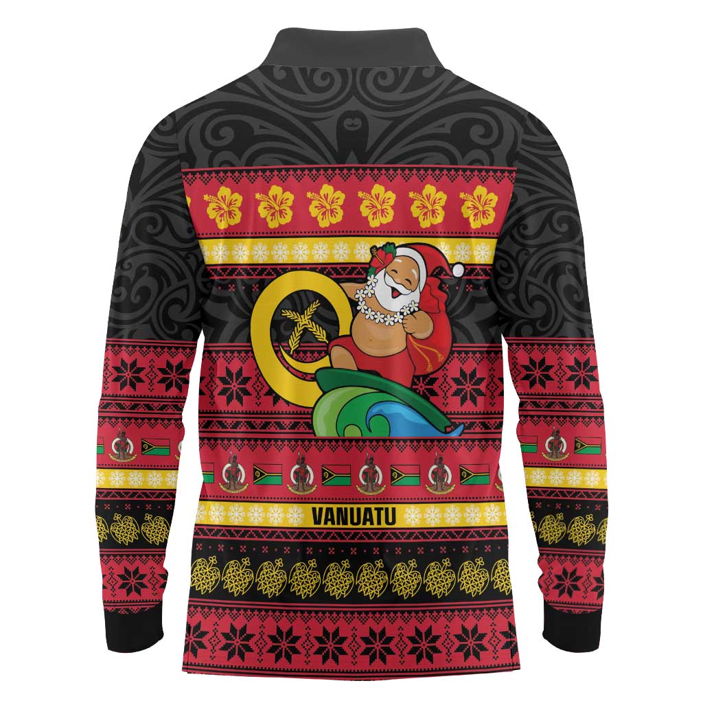 Vanuatu Christmas Long Sleeve Polo Shirt Joyeux Noel Surfing Santa With Boar Tusk - Polynesian Pride