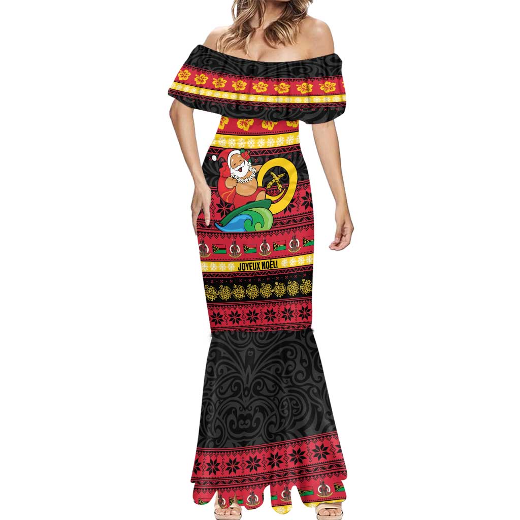 Vanuatu Christmas Mermaid Dress Joyeux Noel Surfing Santa With Boar Tusk - Polynesian Pride