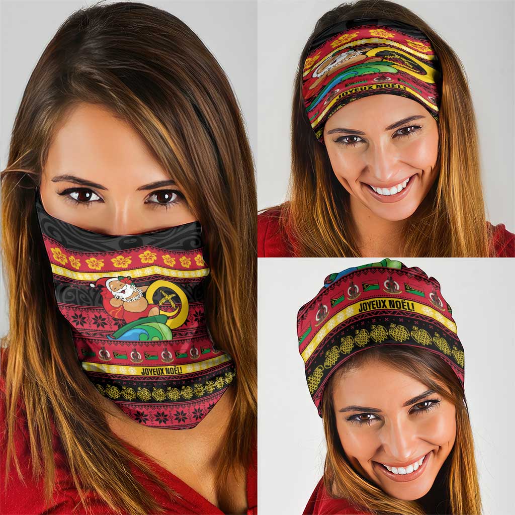 Vanuatu Christmas Neck Gaiter Joyeux Noel Surfing Santa With Boar Tusk - Polynesian Pride