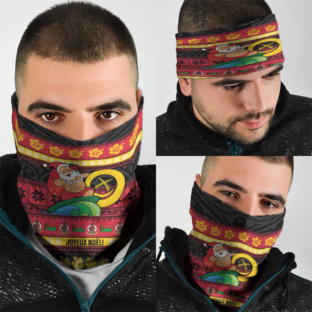 Vanuatu Christmas Neck Gaiter Joyeux Noel Surfing Santa With Boar Tusk - Polynesian Pride