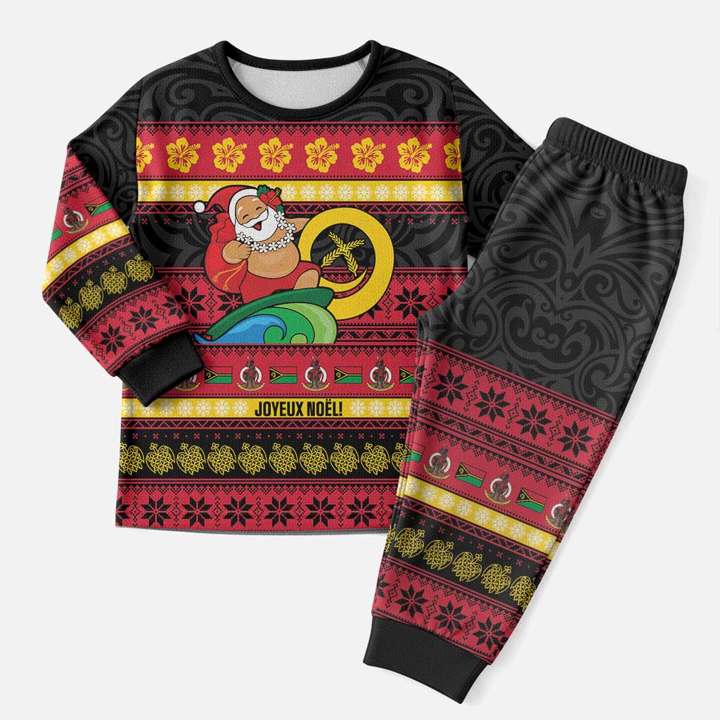 Vanuatu Christmas Pajama Set Joyeux Noel Surfing Santa With Boar Tusk - Polynesian Pride