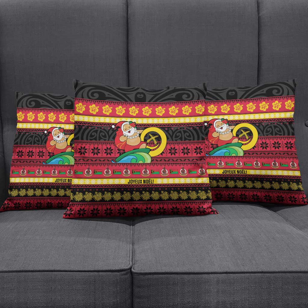 Vanuatu Christmas Pillow Cover Joyeux Noel Surfing Santa With Boar Tusk - Polynesian Pride