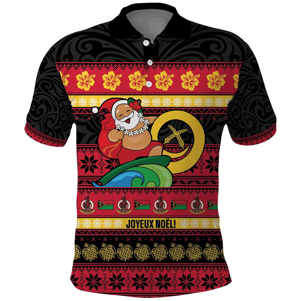 Vanuatu Christmas Polo Shirt Joyeux Noel Surfing Santa With Boar Tusk - Polynesian Pride