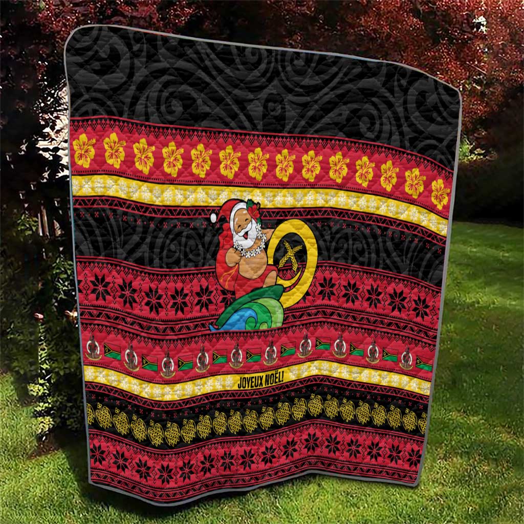 Vanuatu Christmas Quilt Joyeux Noel Surfing Santa With Boar Tusk - Polynesian Pride