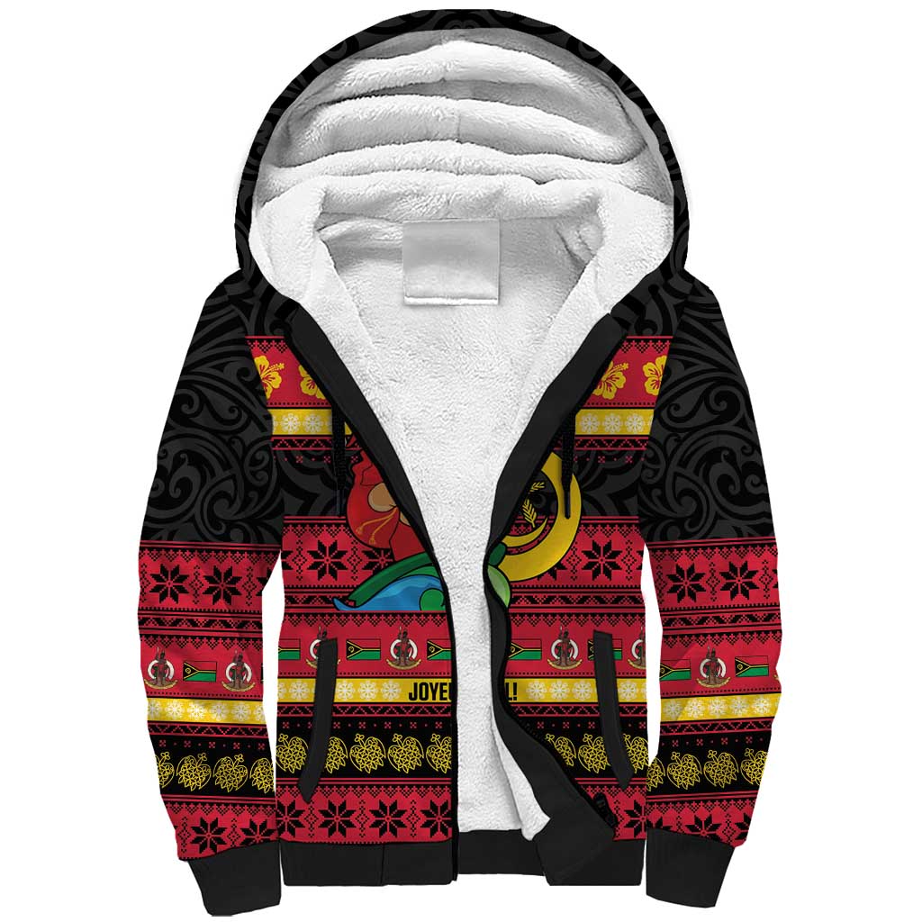 Vanuatu Christmas Sherpa Hoodie Joyeux Noel Surfing Santa With Boar Tusk - Polynesian Pride