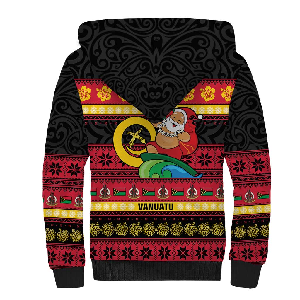 Vanuatu Christmas Sherpa Hoodie Joyeux Noel Surfing Santa With Boar Tusk - Polynesian Pride