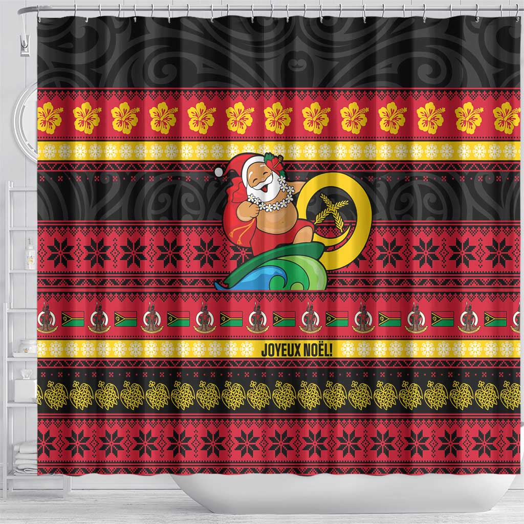 Vanuatu Christmas Shower Curtain Joyeux Noel Surfing Santa With Boar Tusk - Polynesian Pride